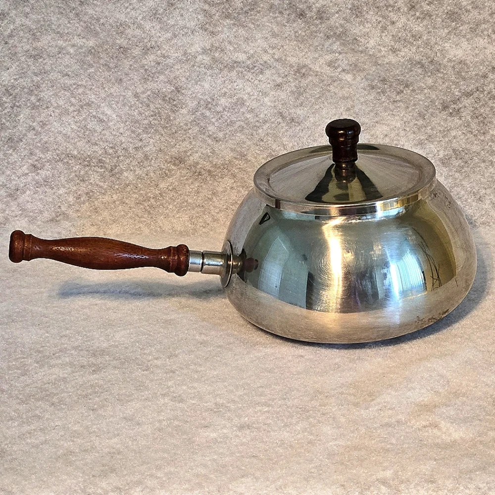 VTG 1970s Fondue Pot 7-inch Stainless Steel Pan with Wood Handle & Knob - Picture 1 of 5